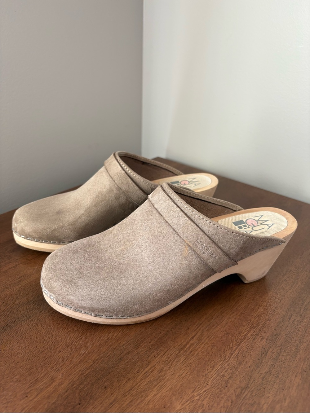 Maguba Berkeley Taupe Suede Swedish Wood Clogs 40
